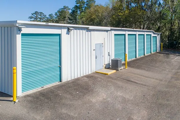 Drive-up storage units with roll-up doors and convenient parking access